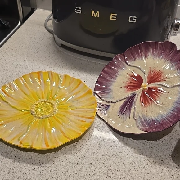 Anthropologie Yellow and Purple Floral Ceramic Plates, GUC, Vintage Look - Picture 1 of 7